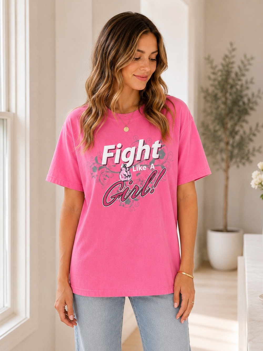 Gildan Hot Pink Fight Like A Girl Graphic Tee Breast Cancer Awareness NWT M